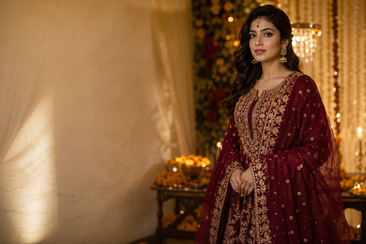 Woman in a maroon and gold traditional outfit standing in a decorated room.